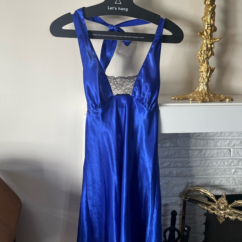 Satin Blue Halter Dress with Lace Detail